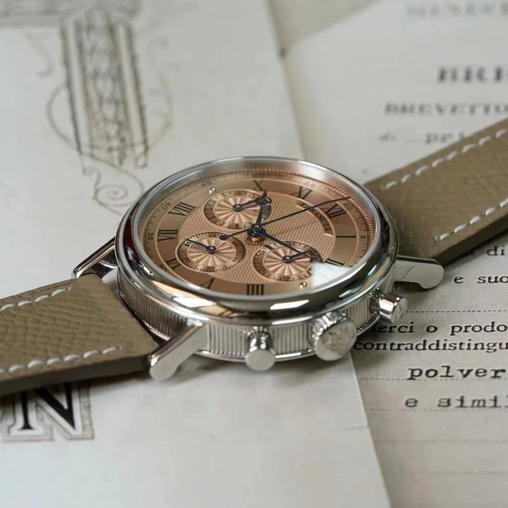 FARASUTE Men Automatic Watch 38mm Chronograph Mechanical Wristwatch Sapphire Mirror 3ATM Waterproof Dandong 4130 Baked Blue Hand