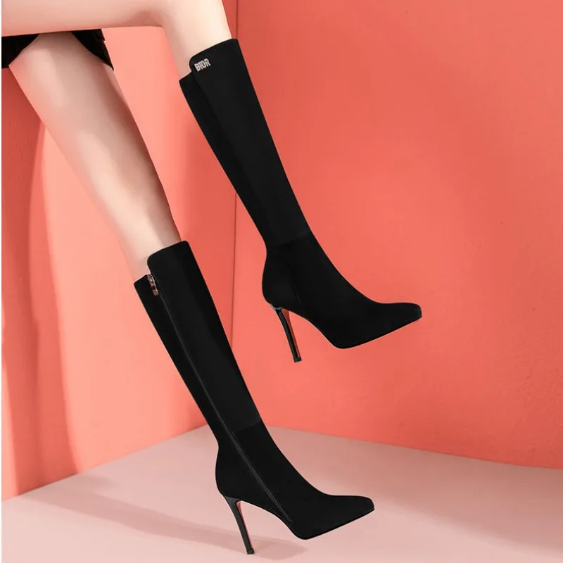 

Manufacturers direct sales pointed high boots 2025 winter new slim high heel black lean elastic plus fleece women's shoes