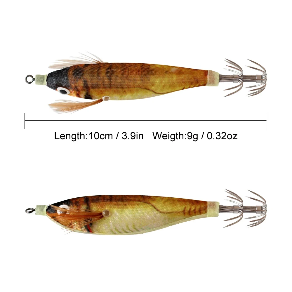 2pcs Luminous Shrimp Squid Jig Fishing Lure 10cm 9g Artificial Wood Shrimps Fishing Squid Hook Cuttlefish Lures Octopus Bait