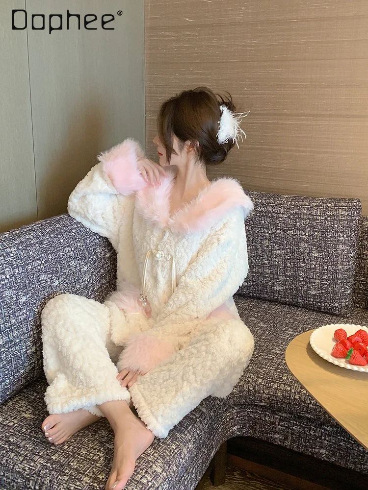 

White Pajama Sets Coral Fleece for Women Pink Plush Patchwork V Neck Thickened Warm Loungewear 2024 Winter Home Clothing