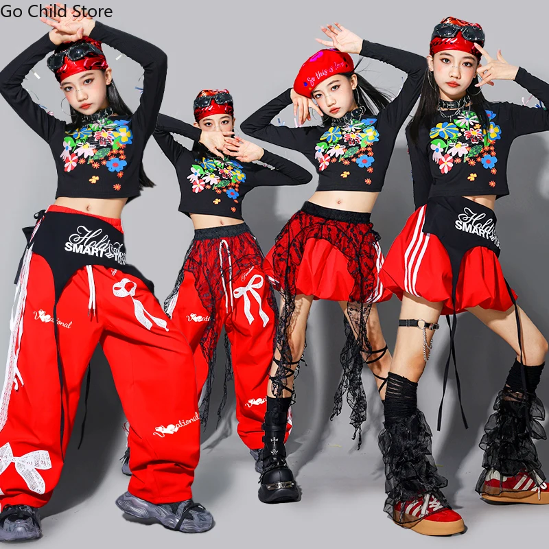 

Детский комплект одежды для девочек: укороченный топ с цветочным принтом, джоггеры, юбка для уличных танцев, костюм для K-pop групп, одежда для хип-хопа и джаза