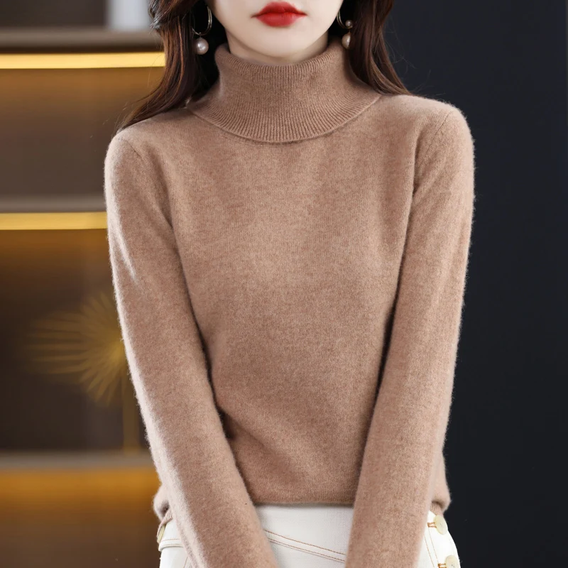 100% Merino pure wool high-necked autumn and winter new loose women\'s solid color sweater fully knitted bottoming shirt