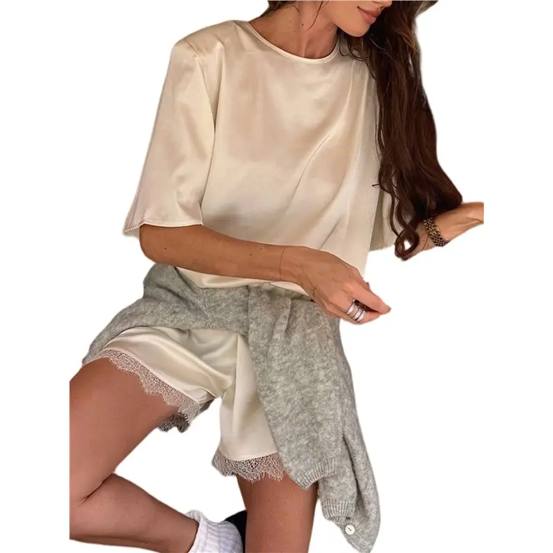 

CYL-Women Satin 2 Piece Outfits Short Sleeve Crew Neck Top Lace Trim Shorts Loungewear Pajama Set