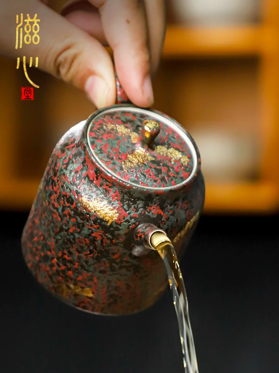 High-End Jiujutang Vintage Clay Glaze Teapot Rock Pattern Firewood Burning Small Pot Household with Ball Hole Strained Tea