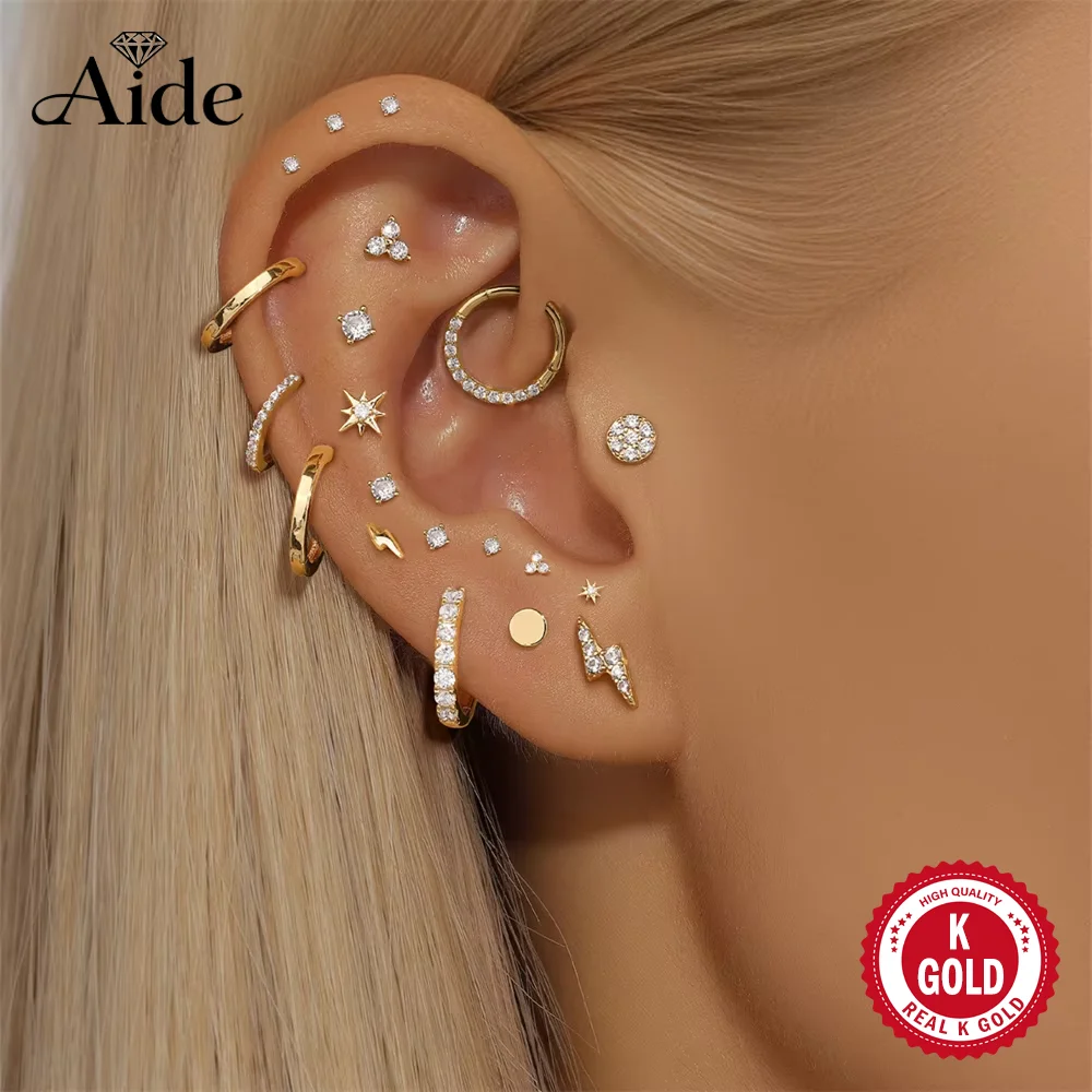AIDE Real 14K Solid Gold Multiple Sizes Zircon Pendant Stud Earring Simple IND Piercing Ear Bone Ear Studs DIY Vintage Jewelry