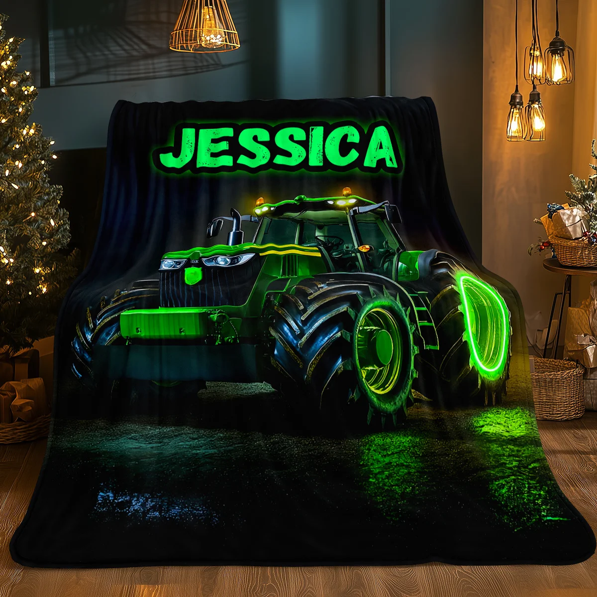 Custom name green tractor flannel blanket, suitable for sofas, beds, birthdays, children, friends, gifts