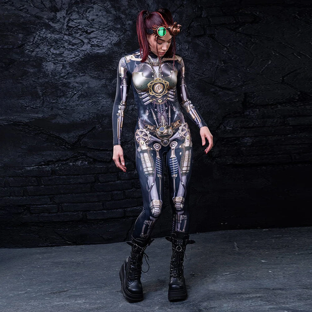 Halloween Frau Roboter Lustiger Body 3D-Druck Zentai Skintight Film Cosplay Kostüm Urlaub Party Langarm Overall