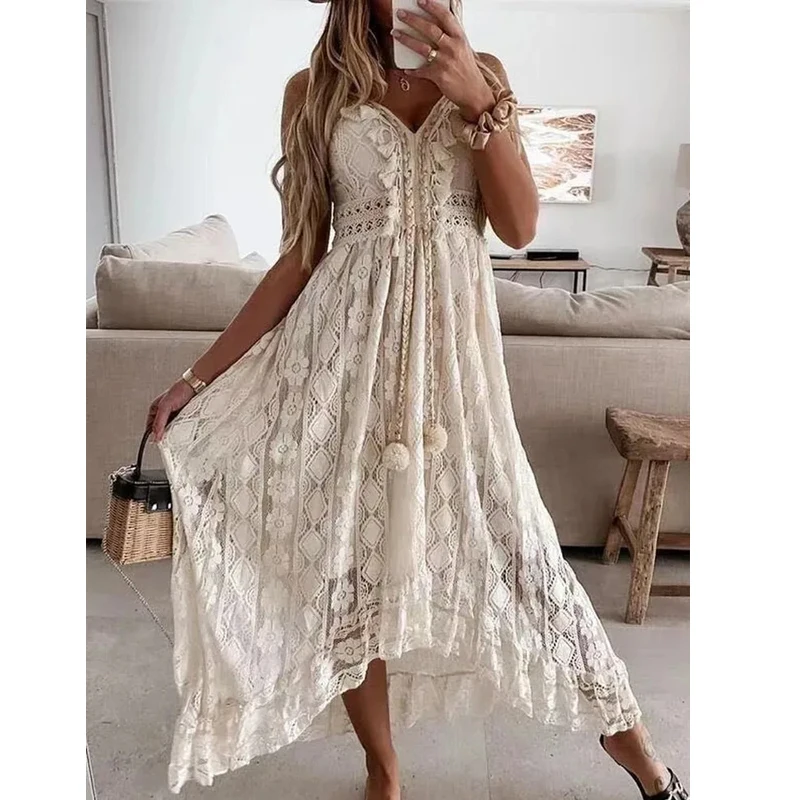 Summer New Lace Sling Big Swing Solid Color Long Skirt Dress Spring V-neck Sleeveless Beach Dresses Casual Chain Link Dress image 6
