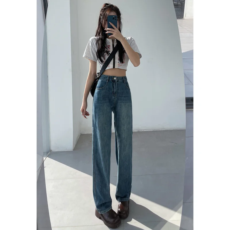 

Blue High Waist Women Jeans Casual Vintage American Fashion Streetwear Wide Leg Jean Female Trouser Straight Baggy Denim Pants