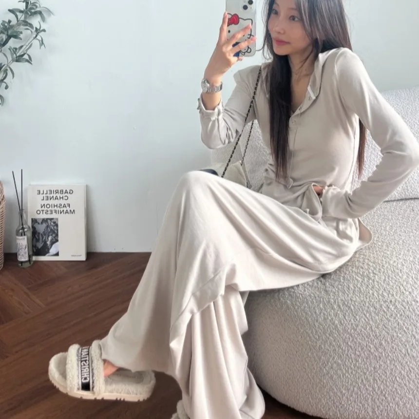 T-shirt amincissant à capuche et volants, couleur Pure, haut polyvalent, pantalon Long décontracté, ensemble deux pièces pour femmes, automne Faion