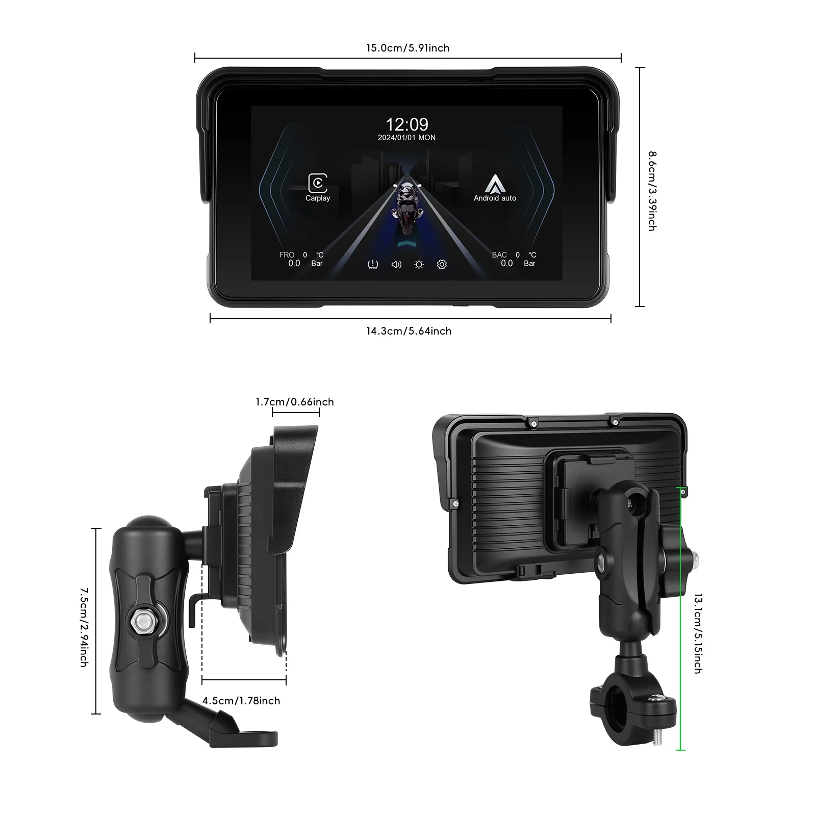 Podofo Motorrad Kabelloses Carplay Android Auto 5'' Smart Screen Player IP68 Wasserdicht Reifendrucküberwachung Helligkeitseinstellung – Detail 14