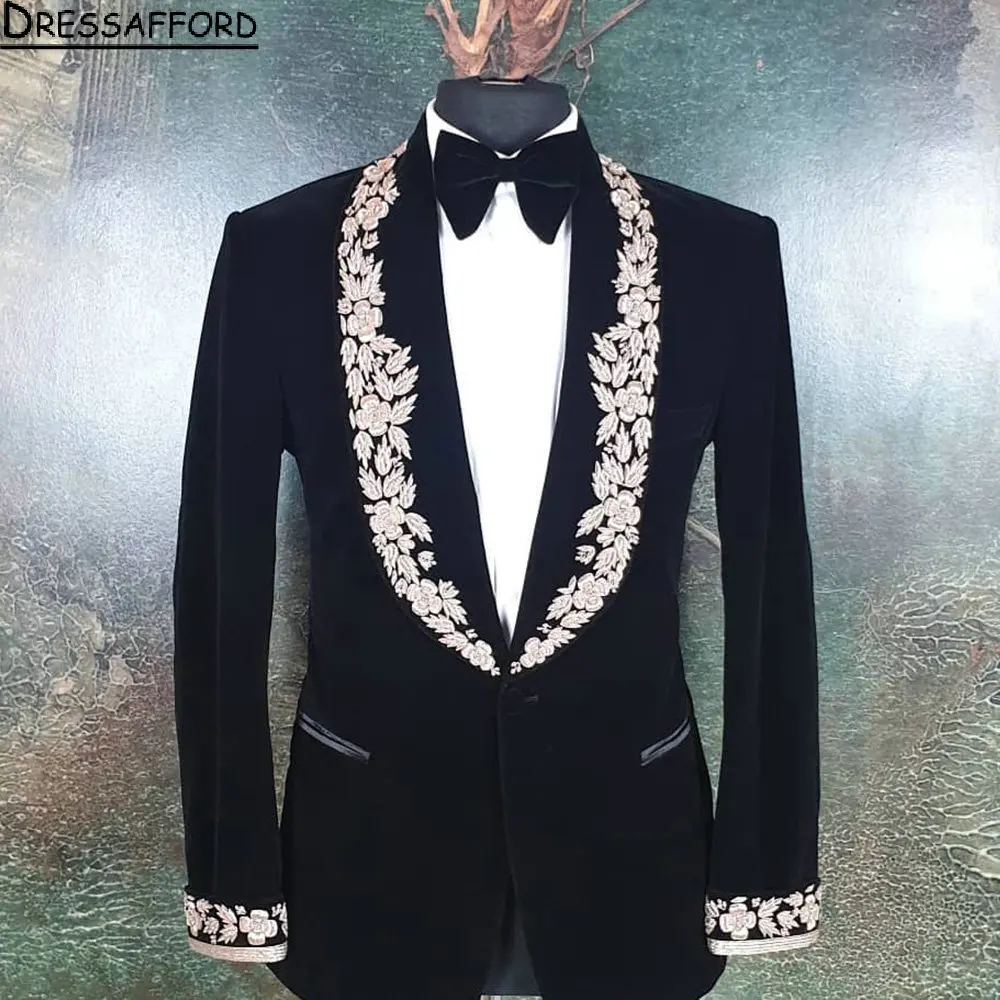 Champagne Jacquard Groom Wear Appliques Lace Formal Men Suits 2 Piece Jacket And Pants Sets Smart Casual Business Blazer