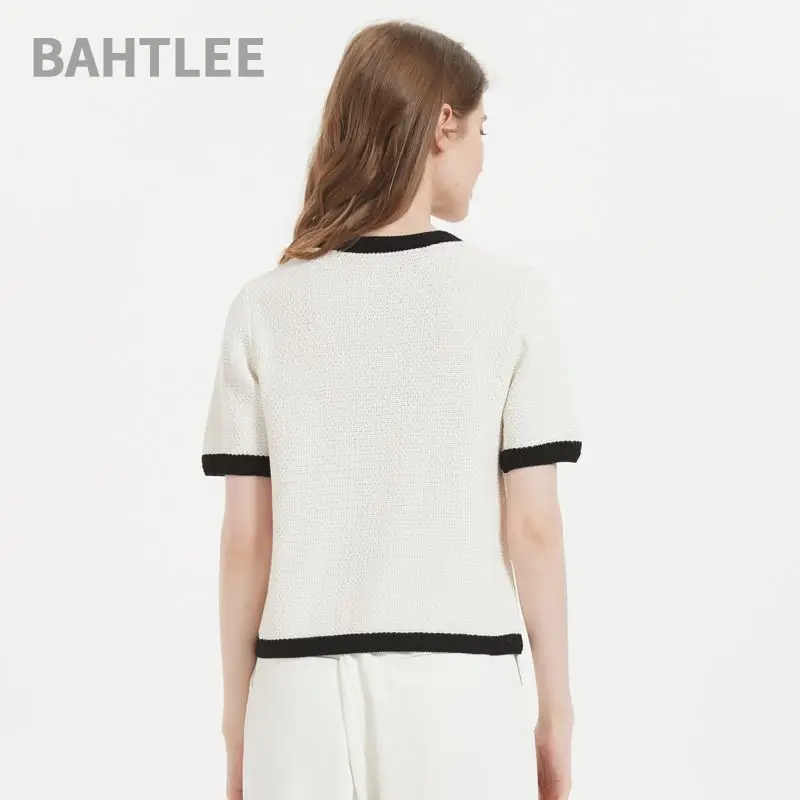 BAHTLEE-Women\'s Linen Short Sleeve O-Neck Cardigan with Button, Knitted Sweaters, Breathe Freely, Short Style, Summer