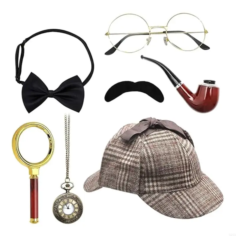2025 Neues 7PCS -Detektivkostümzubehör für Erwachsene Detective Hat Man Inspector Kostüm für Maskerades Halloween Cosplay
