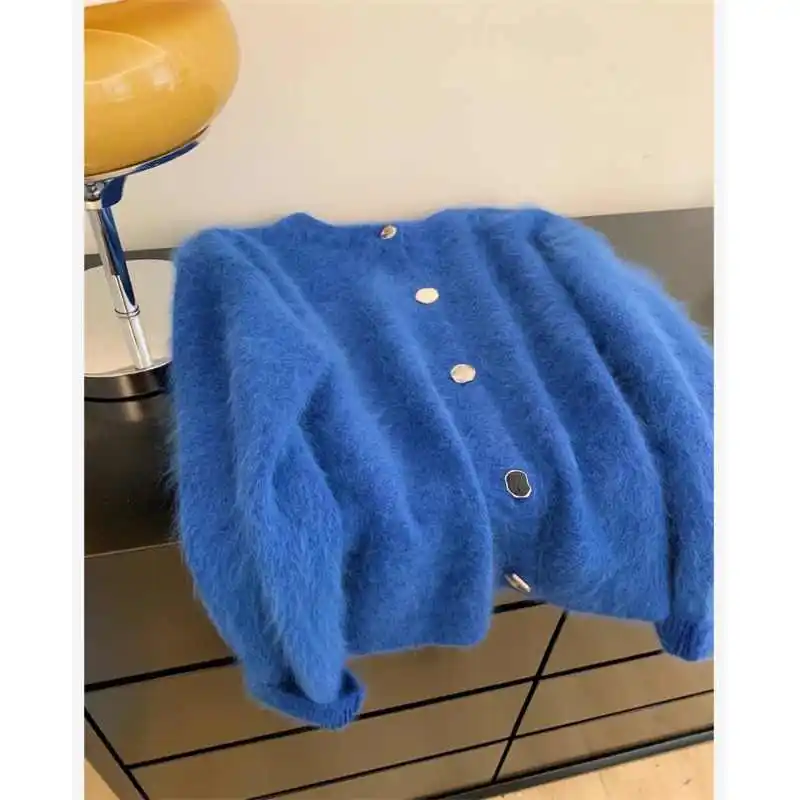 Koreanischen Stil Blau Pullover Mäntel Frauen Herbst Neue Oansatz Chic Taste Design Kurze Strickjacken Mode Nische Strickwaren Tops