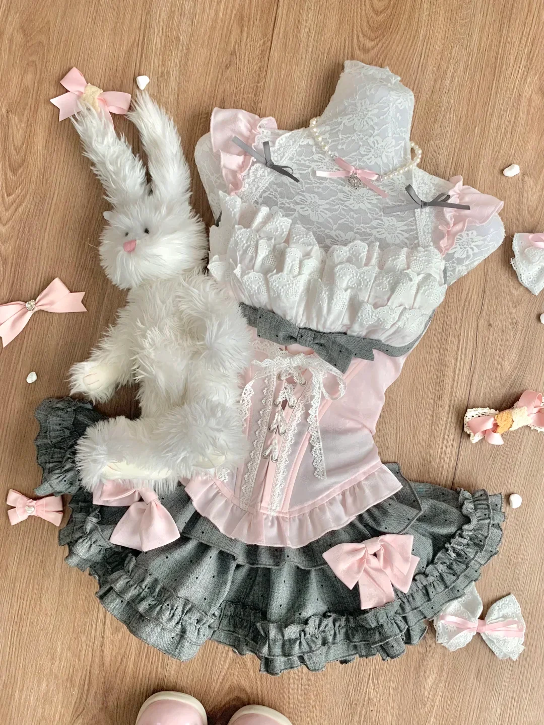 Sweet Lolita Japanese Kawaii Black White 2 Piece Set Off Shoulder Lace Ruffle Bow Corset Mini Skirt Women Cosplay Party Outfits view 2