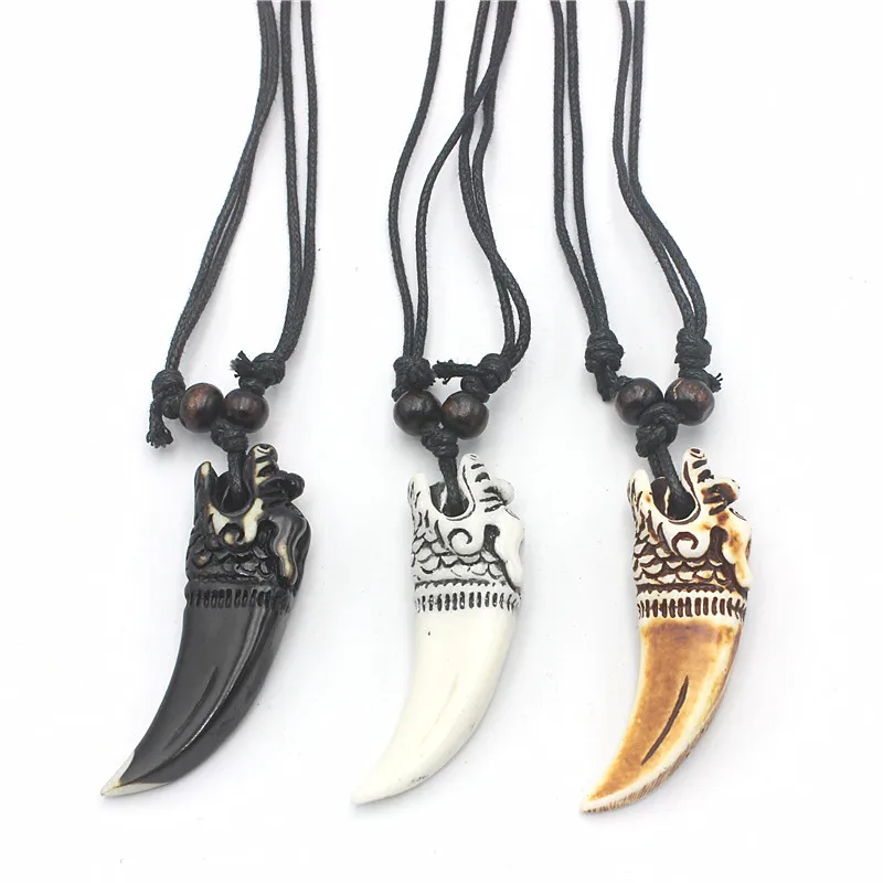 RUEMOY Unisex Qilin Faux Tooth Necklaces, Solid Resin Imitation Bone, Knotted Cord, Oriental Myth Hand Carved Jewelry