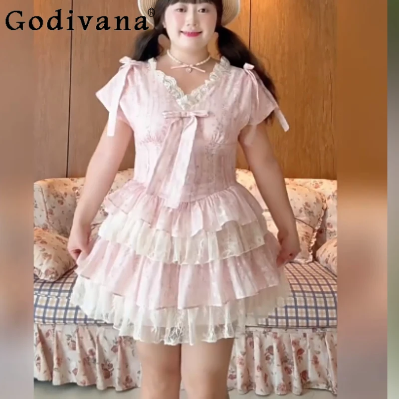 

2XL Sweet Girls Early Autumn Delicate Vacation Princess Cake Dress Cute Japanese Bow Lace V-Neck High Waist A-line Fairy Dresses