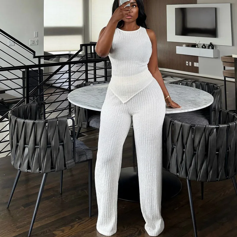 

Doyerl Solid Knitted Ribbed Summer Outfits Woman 2 Piece Set Club Party Irregular Sleeveless Top and Wide Leg Pant Matching Sets