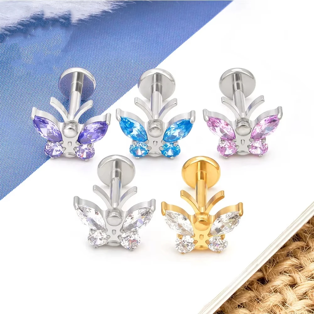 

G23 ASTM F136 Titanium Sweet Butterfly Zircon Ear Nails Nose Nails Lip Nails Body Piercing Jewelry