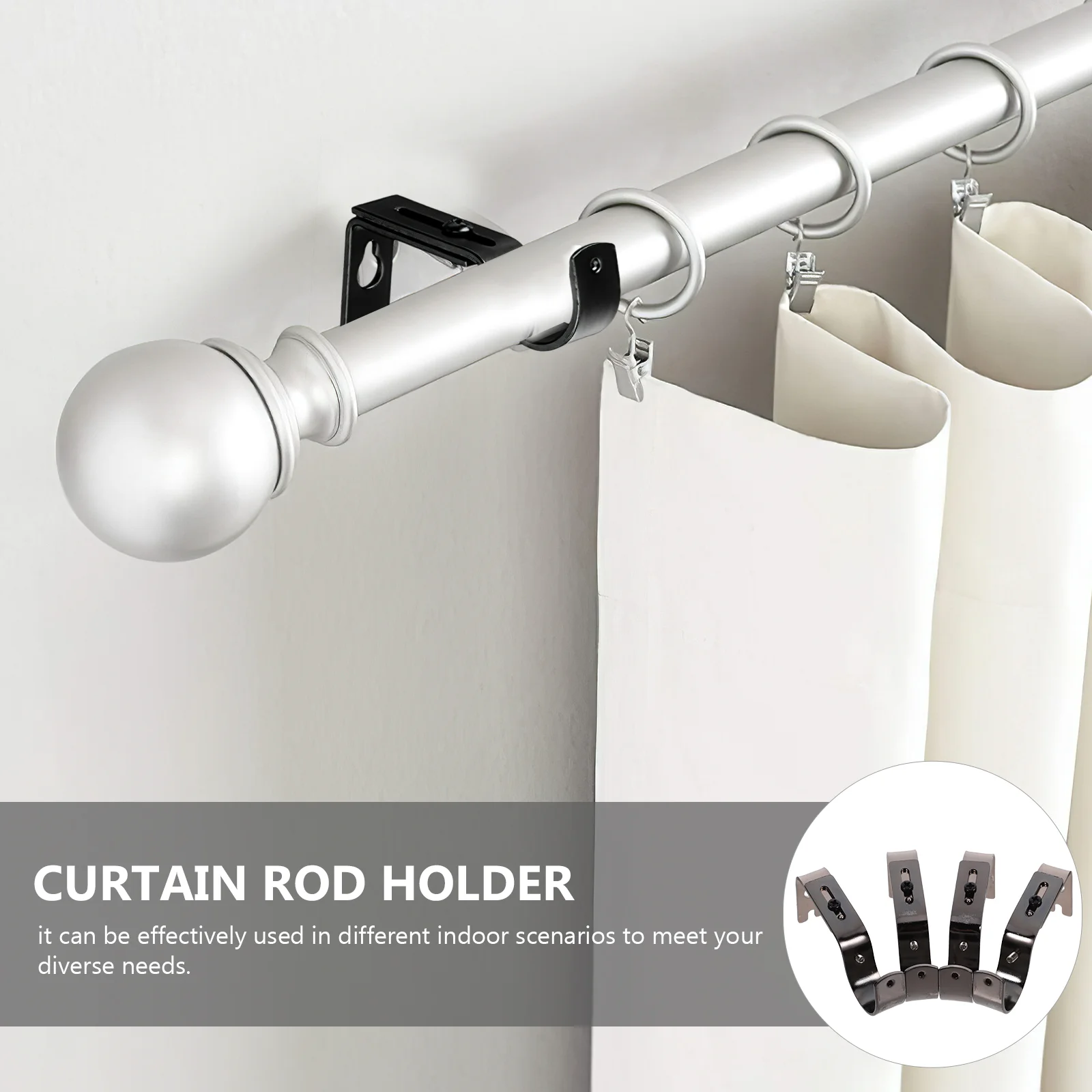 4 Pcs Curtain Rod Bracket Silver Adjustable Wall Mount Hardware Set for Window Drapery Pole Home Decor Easy Install