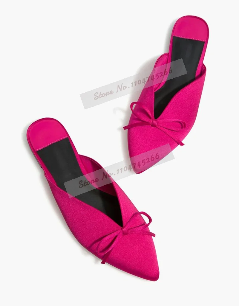 Pink Satin Butterfly-Knot Flat Fashion Mules Pointed Toe Bowtie Slip-On Modern Slippers Shallow Elegant Sandals Beach Shoes