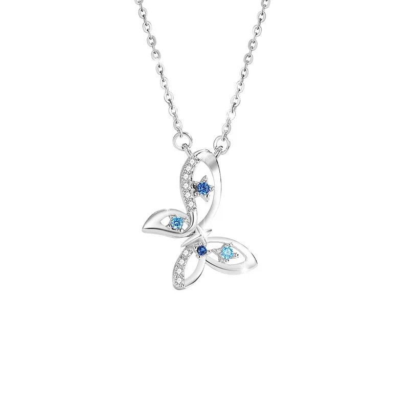 

925 Sterling Silver Elegant Sparkling Blue Zircon Butterfly Necklace For Women's Birthday Anniversary Gift