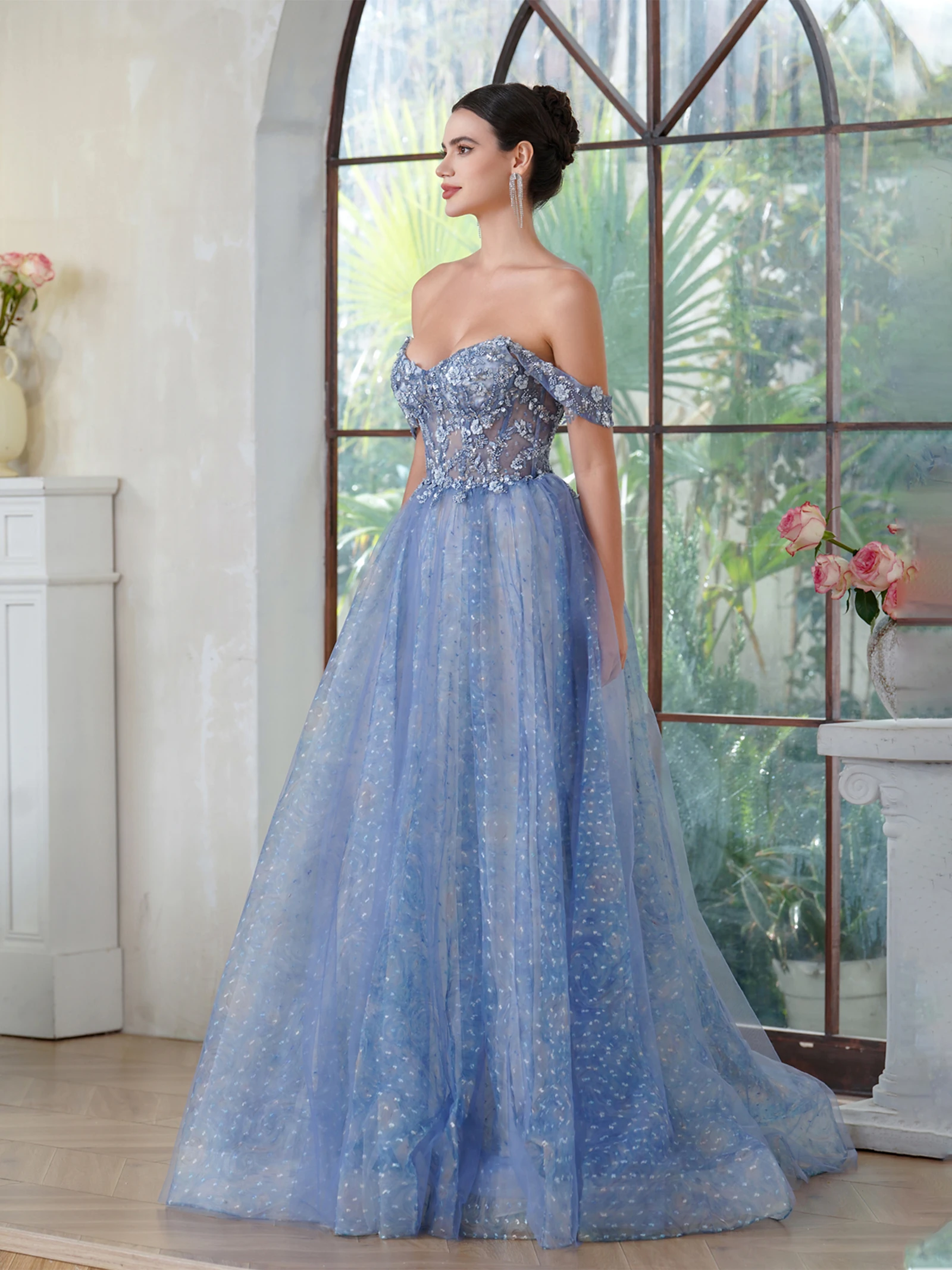 FATAPAESE Glorious Lace Flowers Appqulies On the Bodice off the Shoulder Sweetheart neck  A-line Silhouette Sparking Tulle skirt