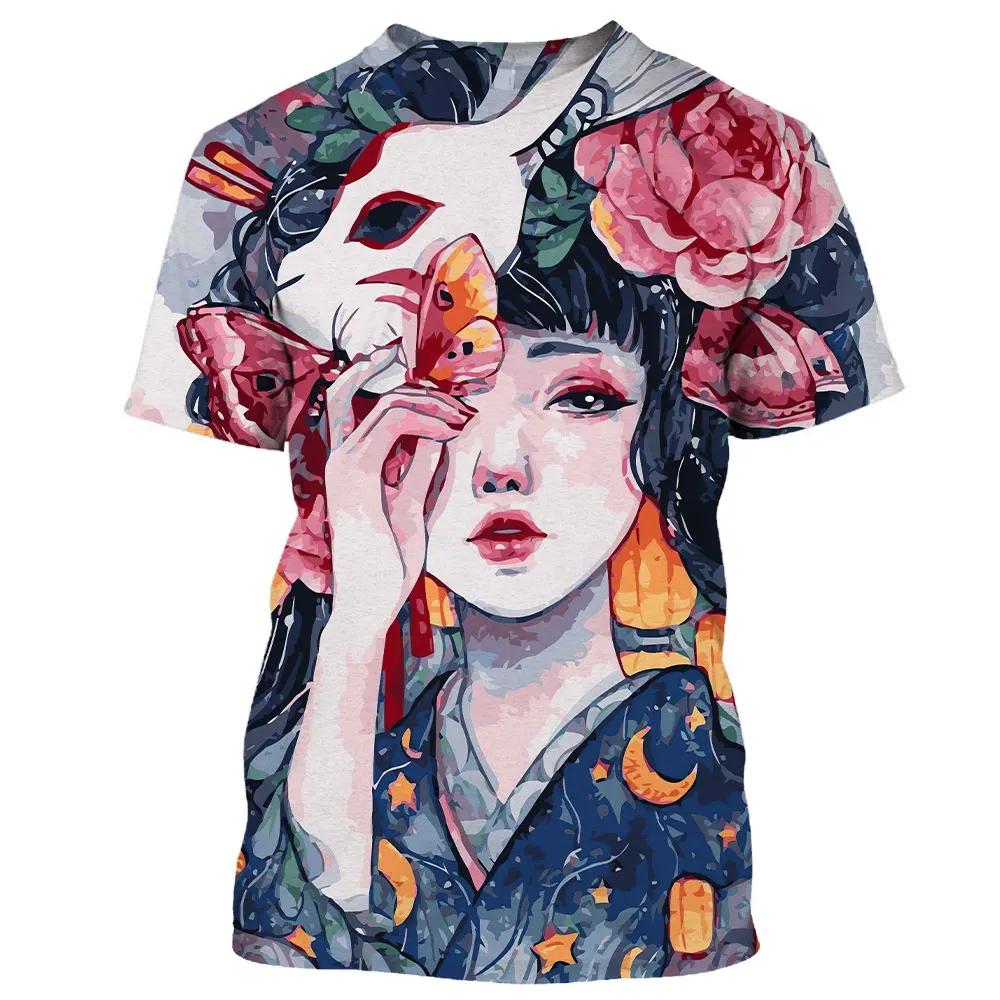 Men\'s T-shirt Summer Short Sleeve Japanese Geisha 3D Printed Oversized Popular Clothing Anime Harajuku O Neck Short Sleeve Top