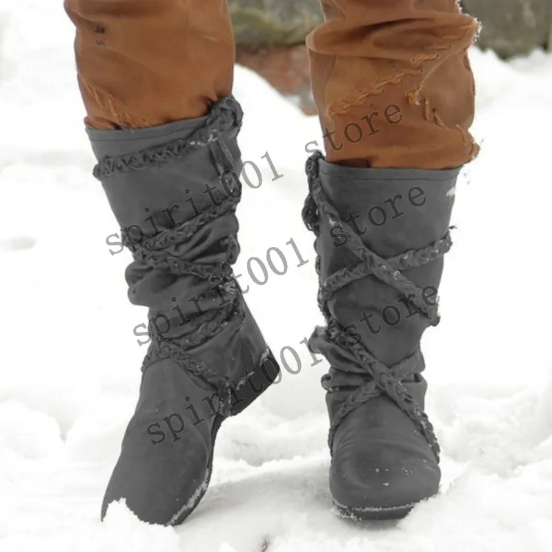 Medieval Pirate Retro Women Men's Snow Boots Mid-Calf Winter Boot Halloween Cosplay Knight Women Bandage Gothic Shoes