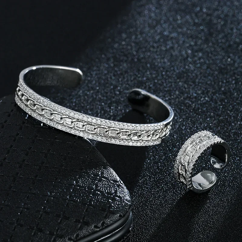 European and American punk style chain zircon fashion sense of personality everything matching open bracelet ring suit