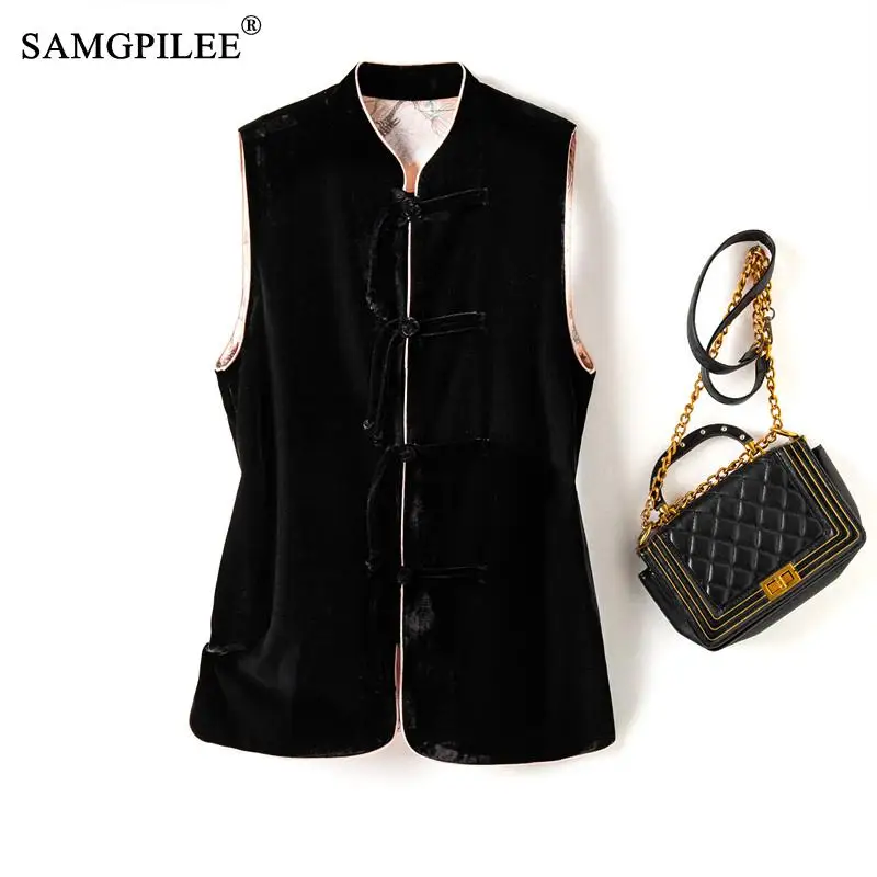 

Ethnic Style Sleeveless Jackets Disc Button Stand Collar Sleeveless Drape Gold Velvet Light Luxury Autumn Women's Vest 4XL