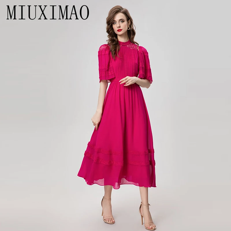 

MIUXIMAO 2024 Summer New Style Elegant Pretty Dress Women Solid O-Neck Short Sleeve Lace Travel Slim Long Dress Vestides