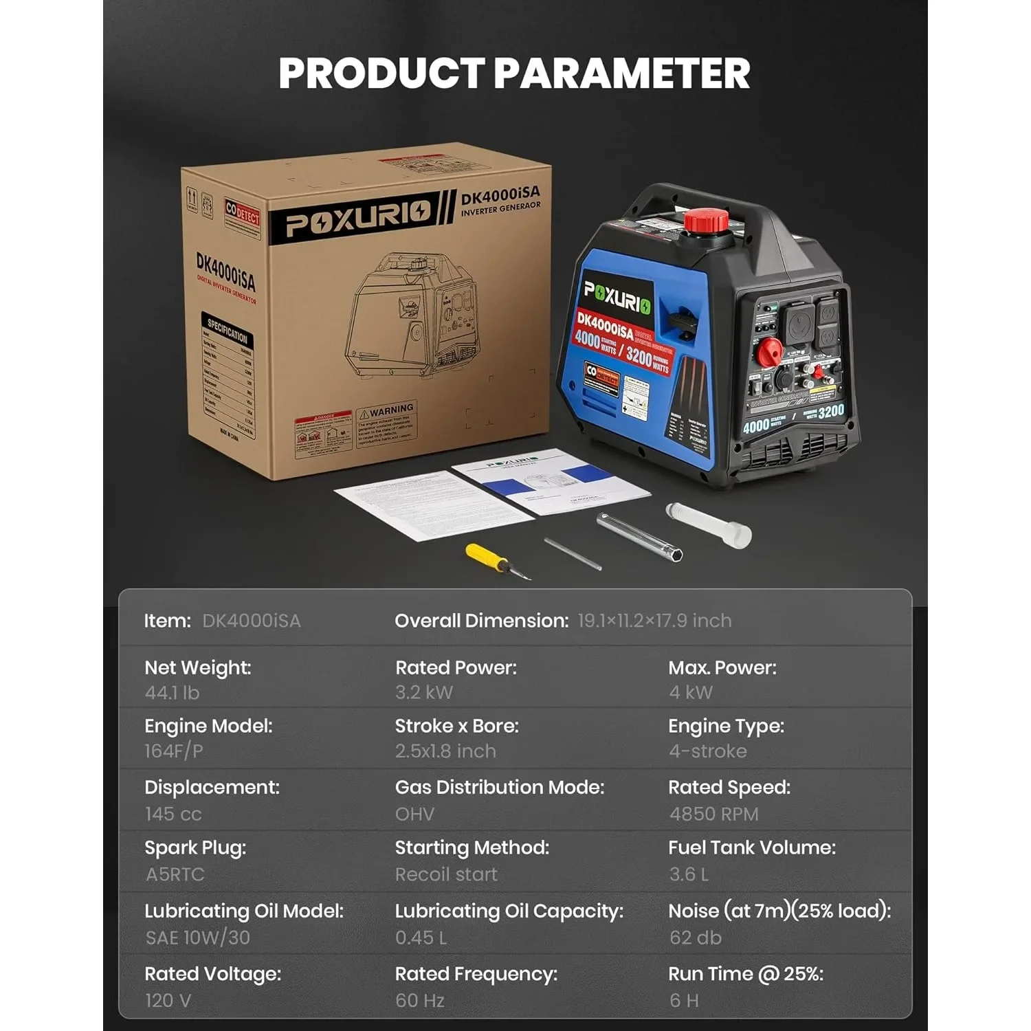 4000 Watt Inverter Generator, Gas Powered Generator Super Quiet, CO Alarm/RV Ready/EPA for RV, Camping and Home