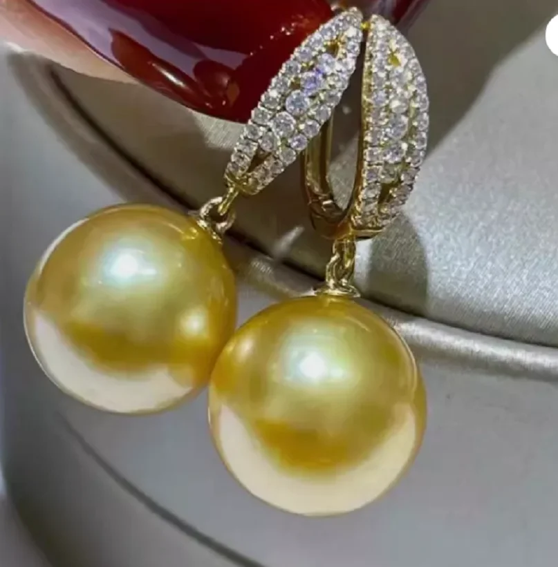 

New Nanhai Round AAAA Gold Pearl+Tahiti Black Pearl Earrings11-12mm 925s