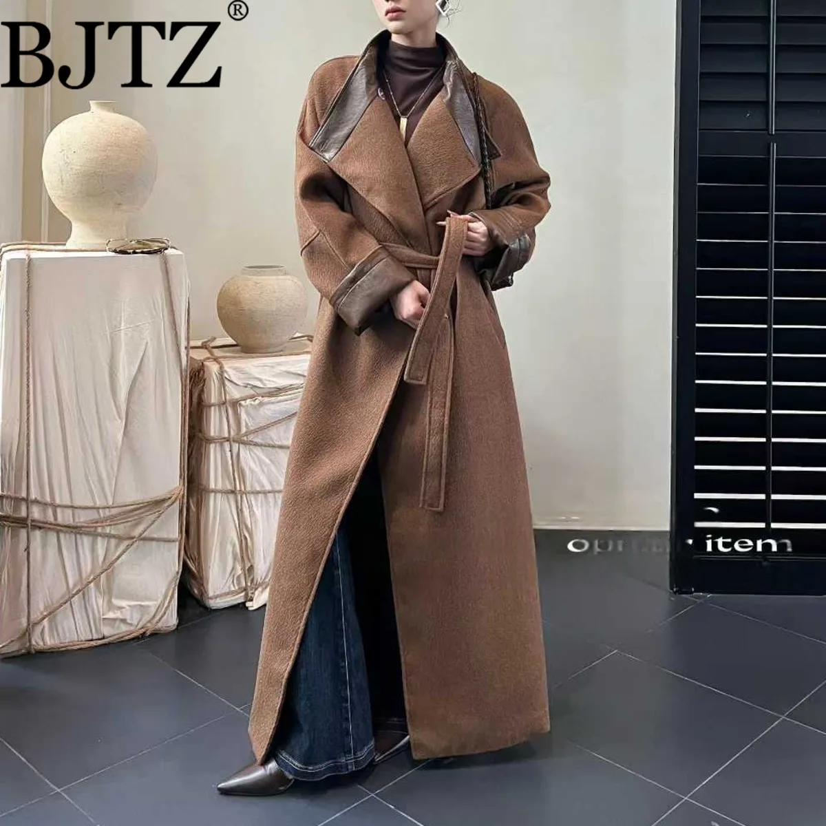 

BJTZ из искусственной кожи в стиле пэчворк с лацканами, дизайнерская длинная шерстяная куртка для женщин, осень-зима 2021, новое свободное модное пальто на шнуровке