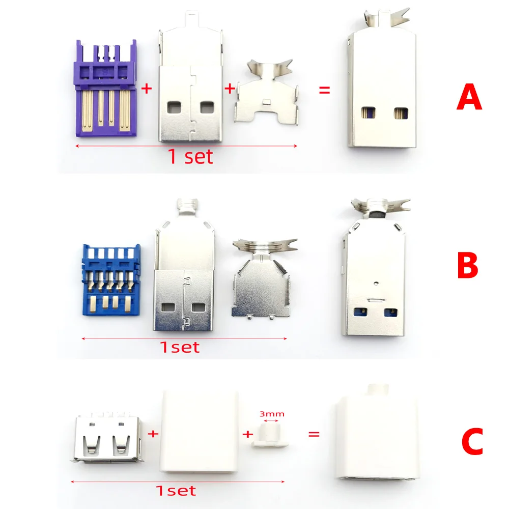 5sets Welded Wire Connector With case USB 3.0 jack Type-A Male Plug 2A 5A large current DIY Connection adapter accessories