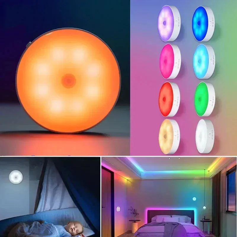 

Светодиодный ночник с датчиком движения PIR, перезаряжаемый через USB, RGB-лампа для кухонного шкафа, спальни, украшение на Новый год