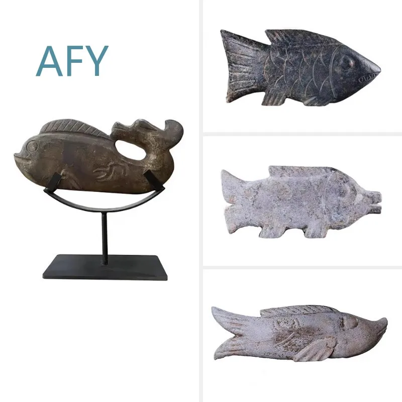 Natural Stone Carved Fish Sculpture Decor for New Chinese Style Living Room Entryway Study Room and Antique Shelf Decoration