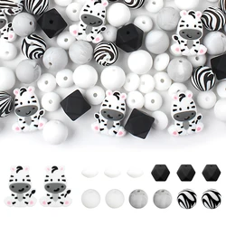 30Pcs Silicone Beads Set Printed Round Beads Cartoon Animal Zebra Baby Teething Beads DIY Pacifier Chain Bracelets Accessories