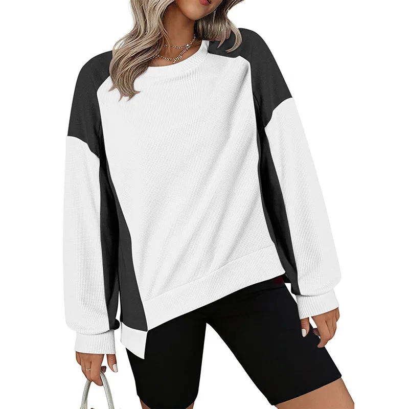 Autumn Winter Female New Sporty Sweatshirts Color Blocking Long Sleeve Irregular O-neck Pullovers Fashion Patchwork Elegant Tops