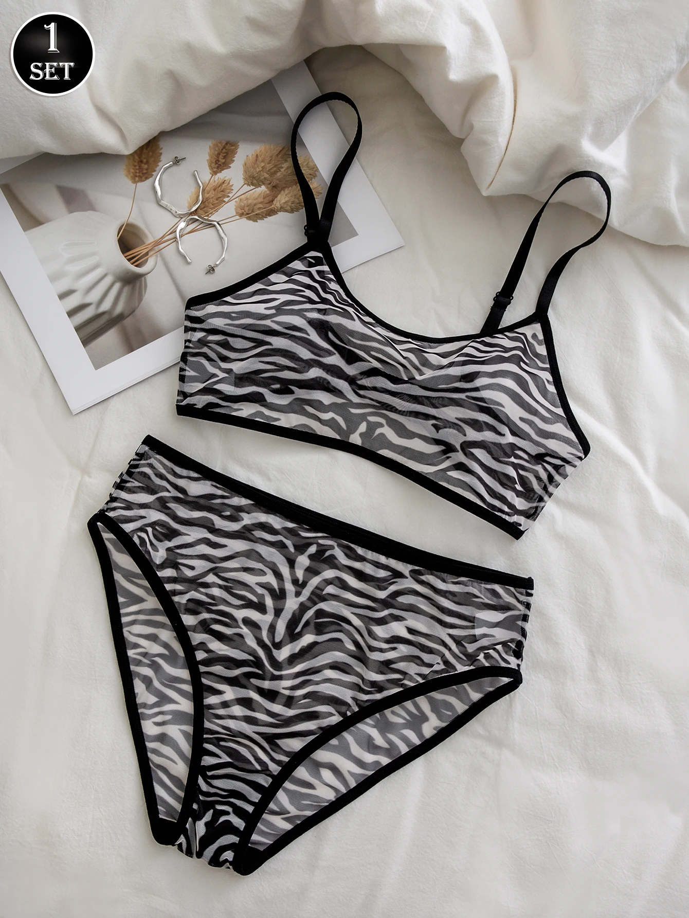 VENTIECE مجموعة ملابس داخلية مثيرة بطبعة حمار وحشي - مجموعة ملابس داخلية شفافة شبكية رفيعة للغاية - مجموعة ملابس داخلية مثيرة