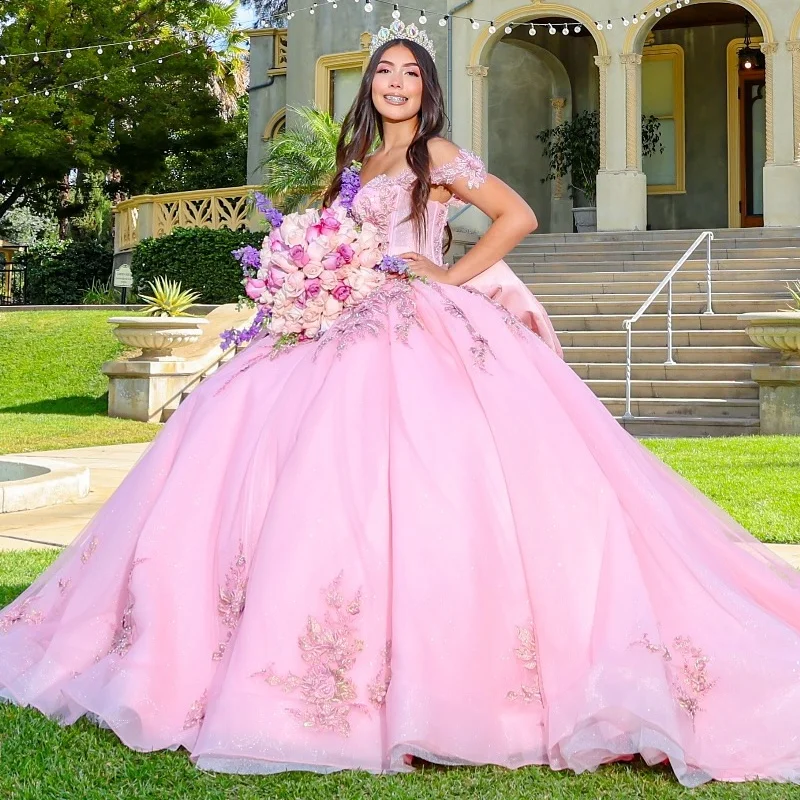 

Pink Quinceanera Dresses Off Shoulder Ball Gown Sweet 16 Dress Applique Lace Bow Beads Tull Birthday Party Vestidos 15 De Anos