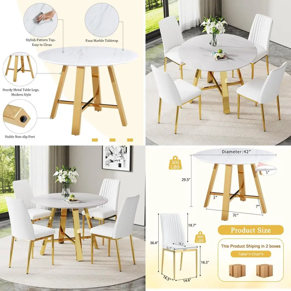 

4-Seat Marble Dining Table Set with PU Leather Chairs for Kitchen and Living Spaces