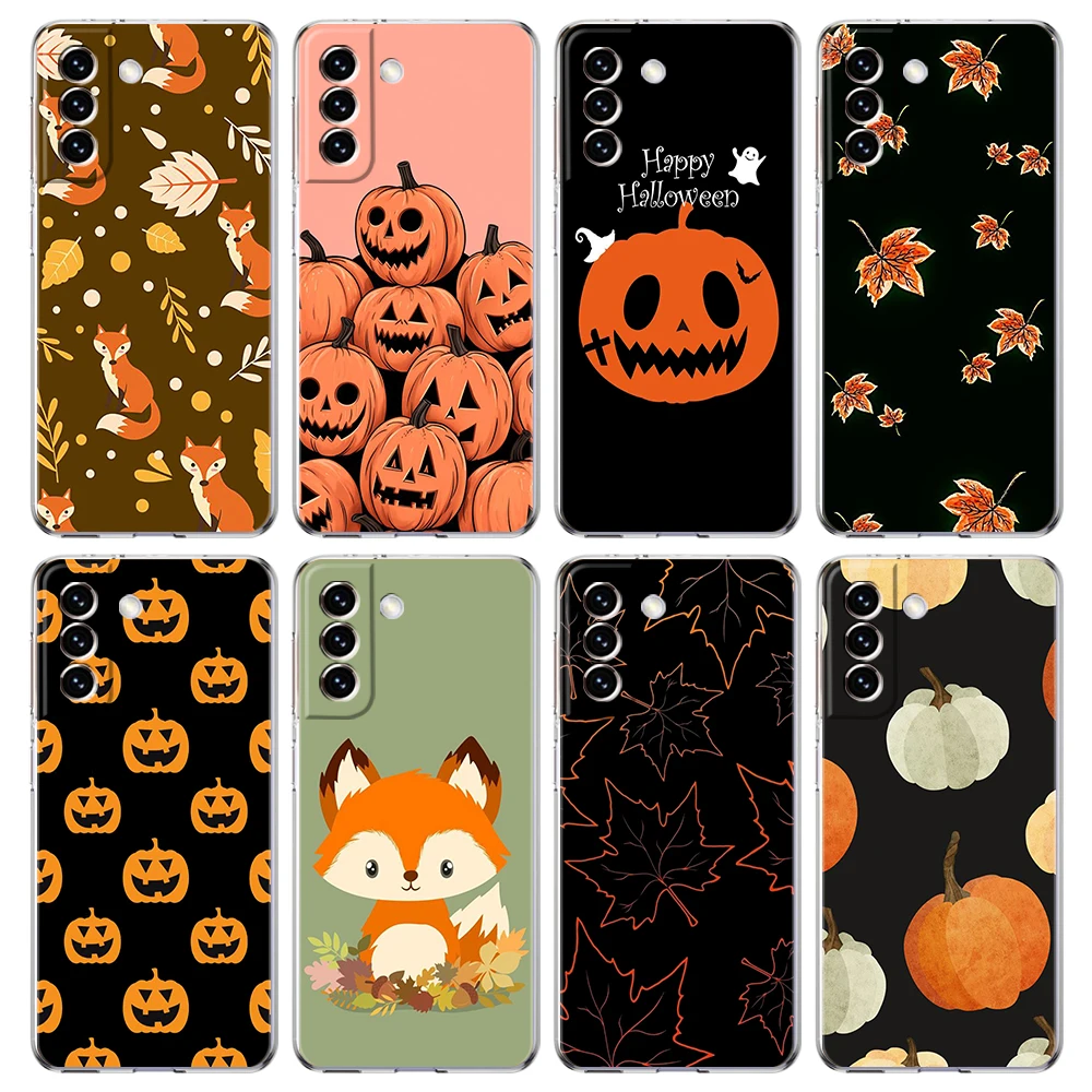 Autumn leaves fall fox pumpkin Halloween Phone Case For Samsung Galaxy S24 Plus S23 S22 S21 S20 FE Ultra S10 S10E S9 Clear Cover