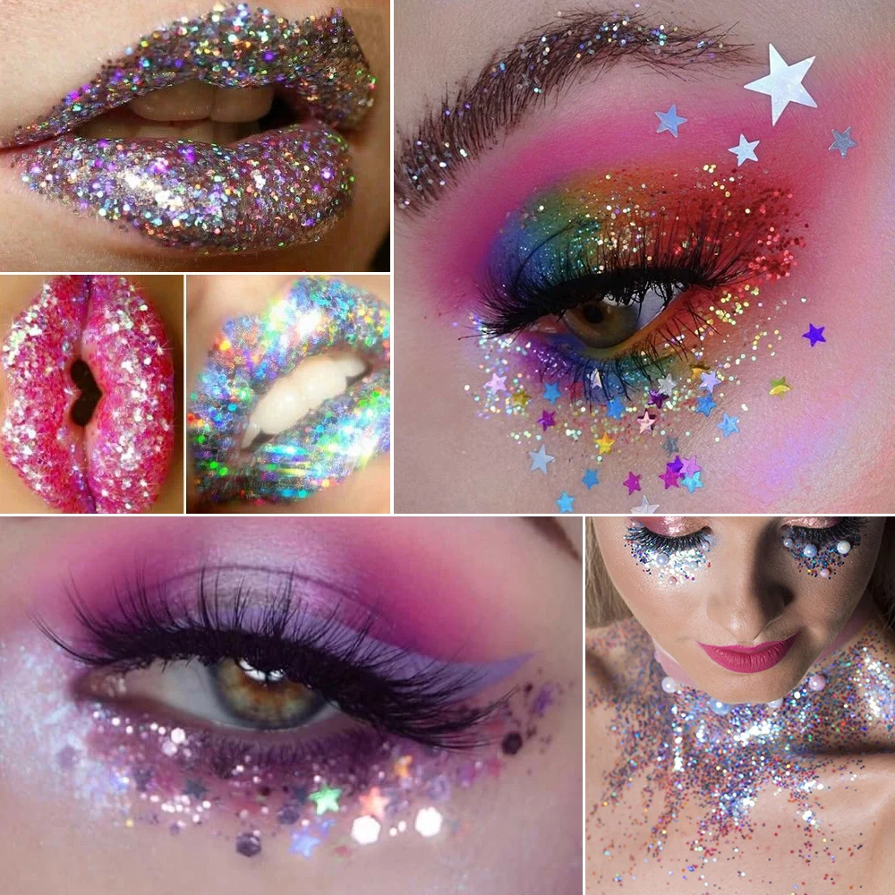 12 Uds cara/sombra de ojos brillo lentejuelas Gel holográfico brillante grueso mezclado estrella/luna/hexágono maquillaje brillo Gel para Festival/fiesta