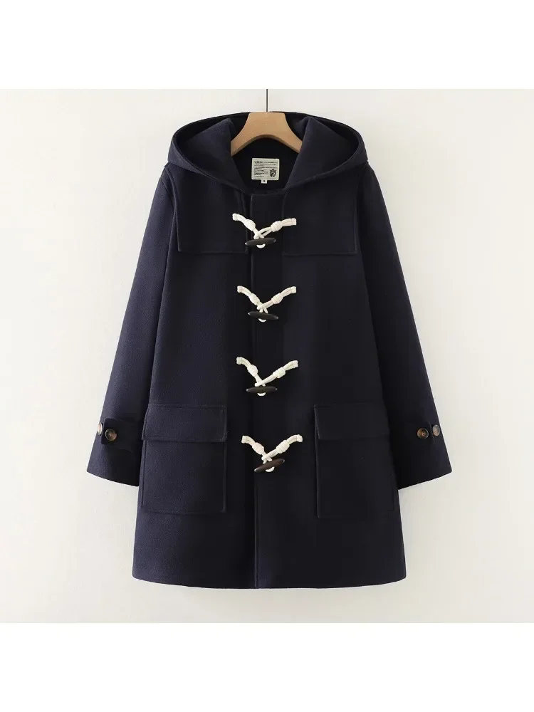 

JK Woolen Woollen Jacket Women Retro Letters Patch Large Pockets Cowl Buckle Hooded Cotton Long Coat Preppy Style Jackets