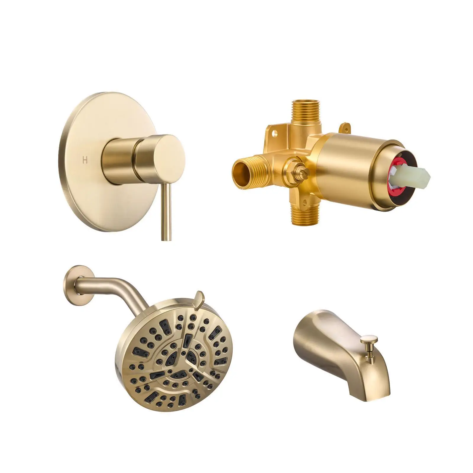 Gold Tub and Shower Faucet Set with 5 Inch Rainfall Shower Head Bathtub 8 Setting Adjustable Spray Single Handle Trim Kit with Brass Pressure Balancing