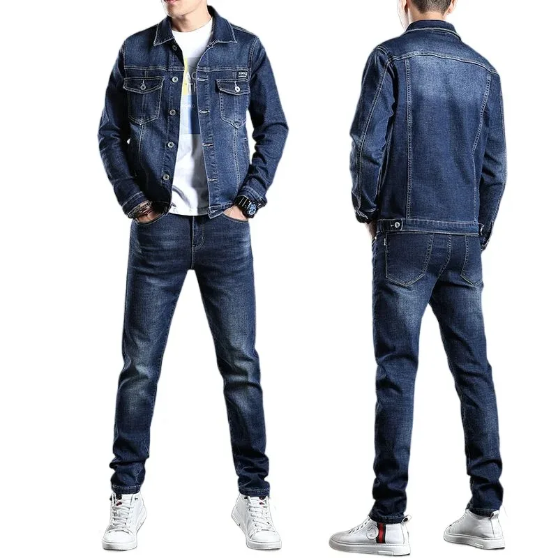 Men A Cowboy Suit Spring Slim Fitting Korean Version Casual Trend Social Youth Matching Coat Quality Denim Top Jeans 2-Piece Set