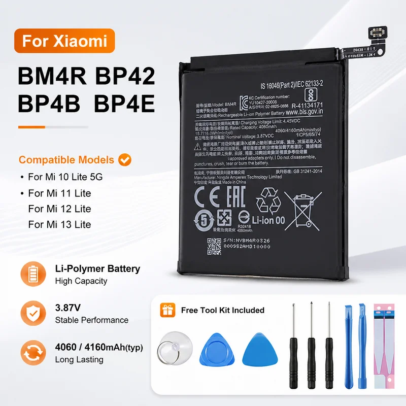 Premium Phone Replacement Battery BM4R BP4B BP4E BP42 For Xiaomi Mi 10 Lite 5G, Mi 10 Lite Zoom, 11 12 13 Lite With Tool Kit